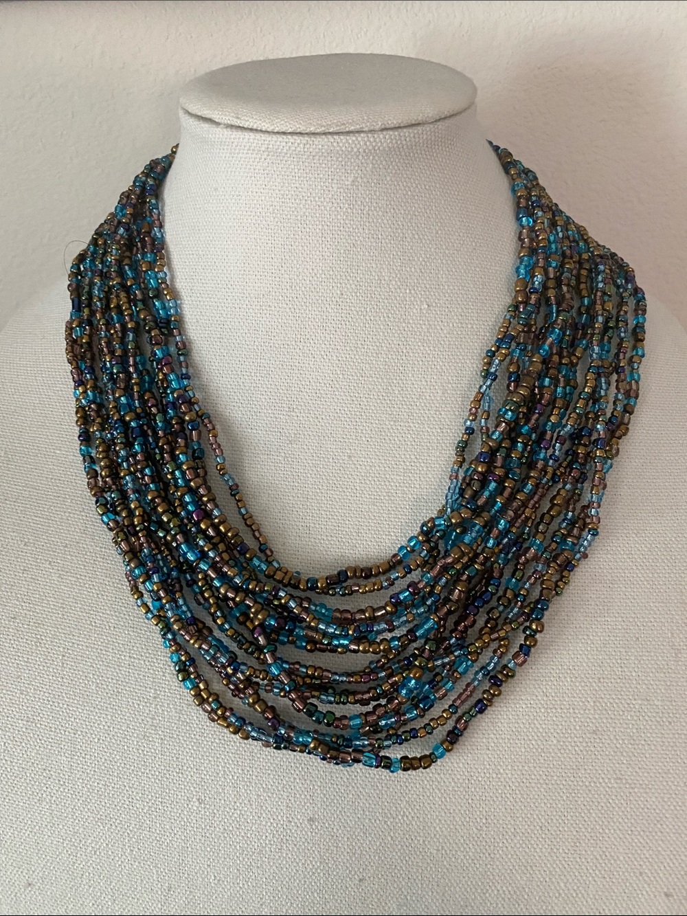 Multistrand Blue and Bronze Beaded Statement Necklace